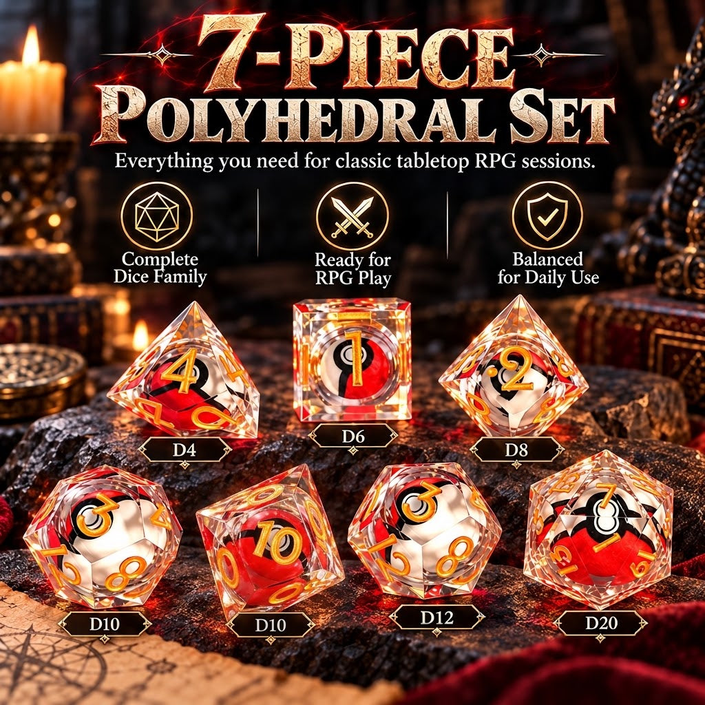 🎲Rotating Eye DND Dice Set – 7-Piece Liquid Core Polyhedral Dice