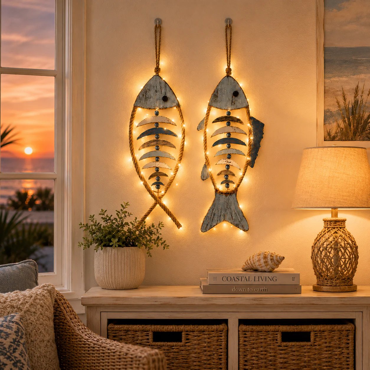 🐟✨ Lighted Coastal Rope Fish Wall Hanging