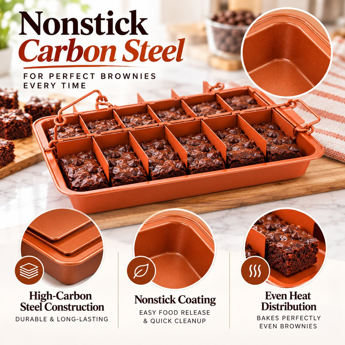18-Cavity Brownie Pan 🍫 – Nonstick Steel with Removable Dividers