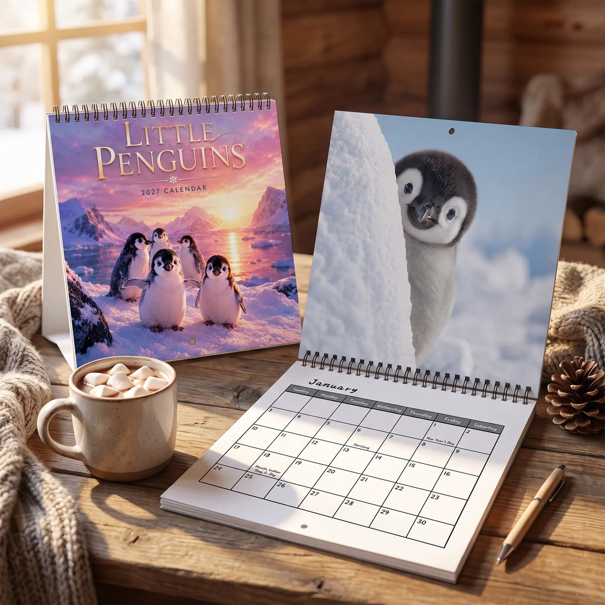 🐧 Penguin Wall Calendar 2027, Cute Monthly Planner With Notes At Home