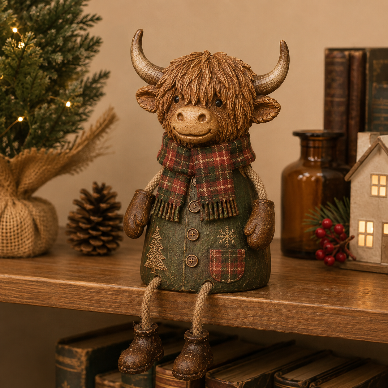 Close detail of the Festive Highland Cow Shelf Sitter character and tartan scarf