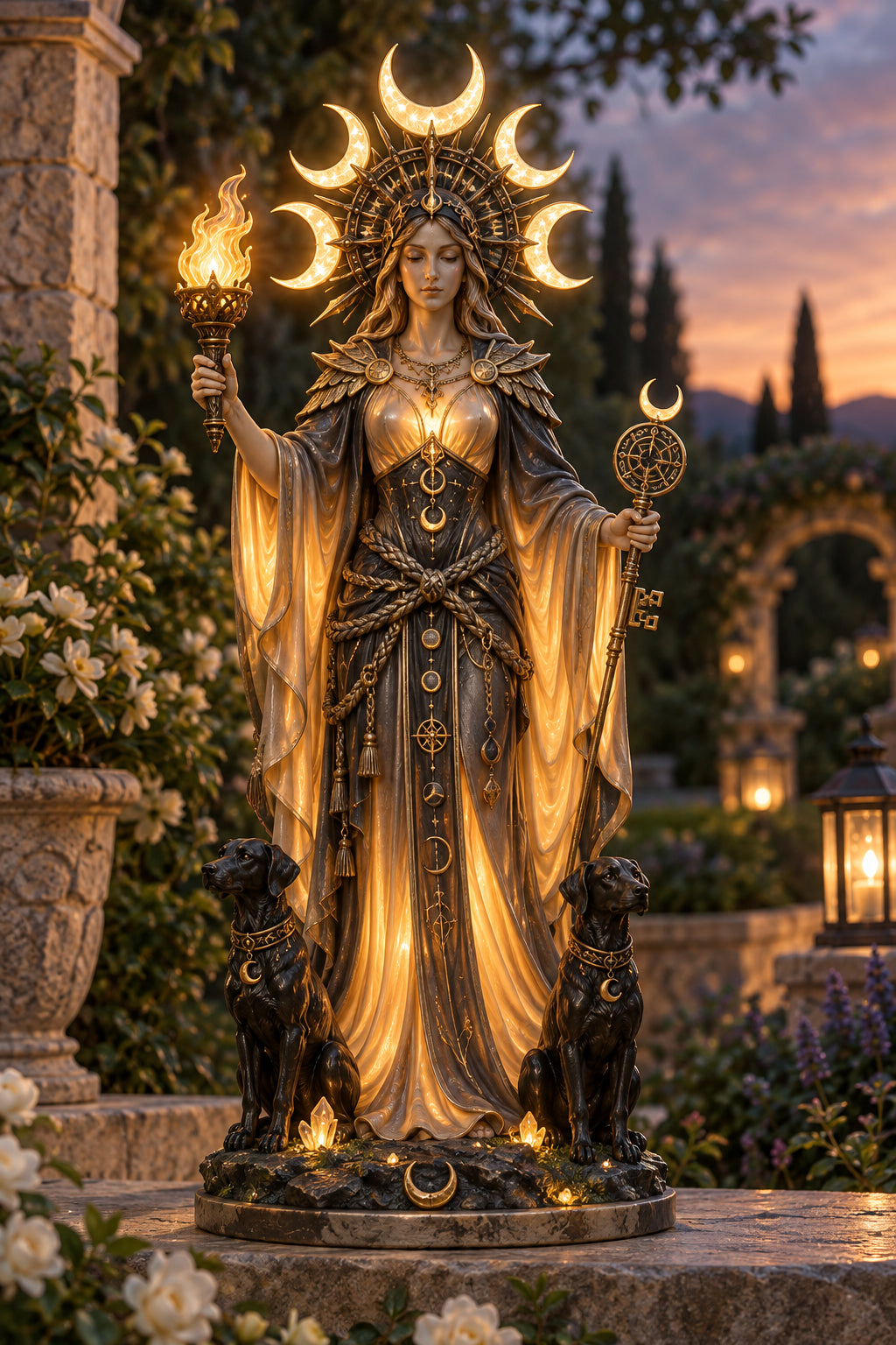 🌙 Light-Up Hecate Altar Statue – Triple Moon Guardian with Twin Hounds, Sacred Torch & Key 🔥