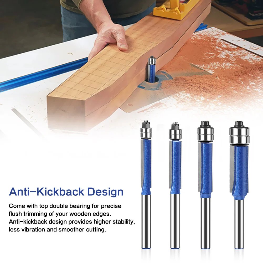 🪵 4-Piece Flush Trim Router Bits – Dual Bearings, 1/4" Shank