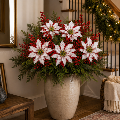 ❤️ Christmas Poinsettia Planter Inserts – Red & White Holiday Floral Picks