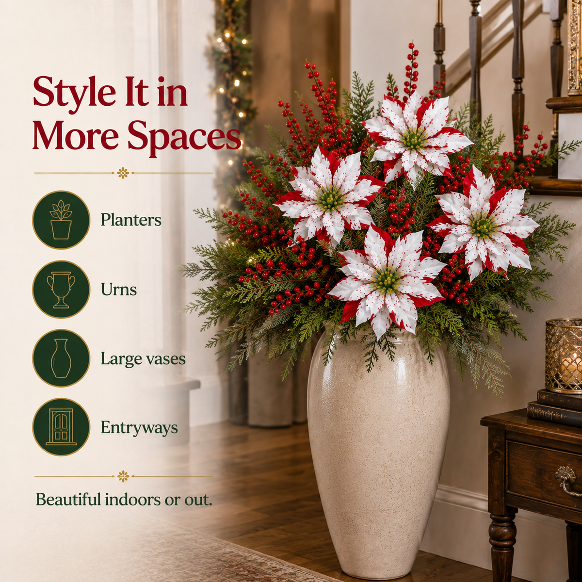 ❤️ Christmas Poinsettia Planter Inserts – Red & White Holiday Floral Picks