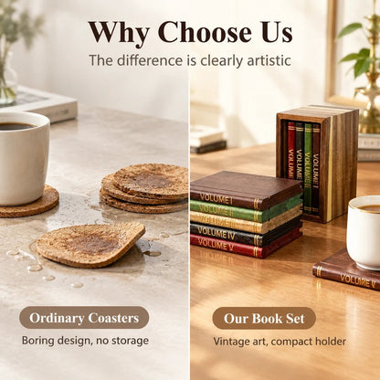 📚 Vintage Book-Style Coaster Set – Includes Upright Storage Holder