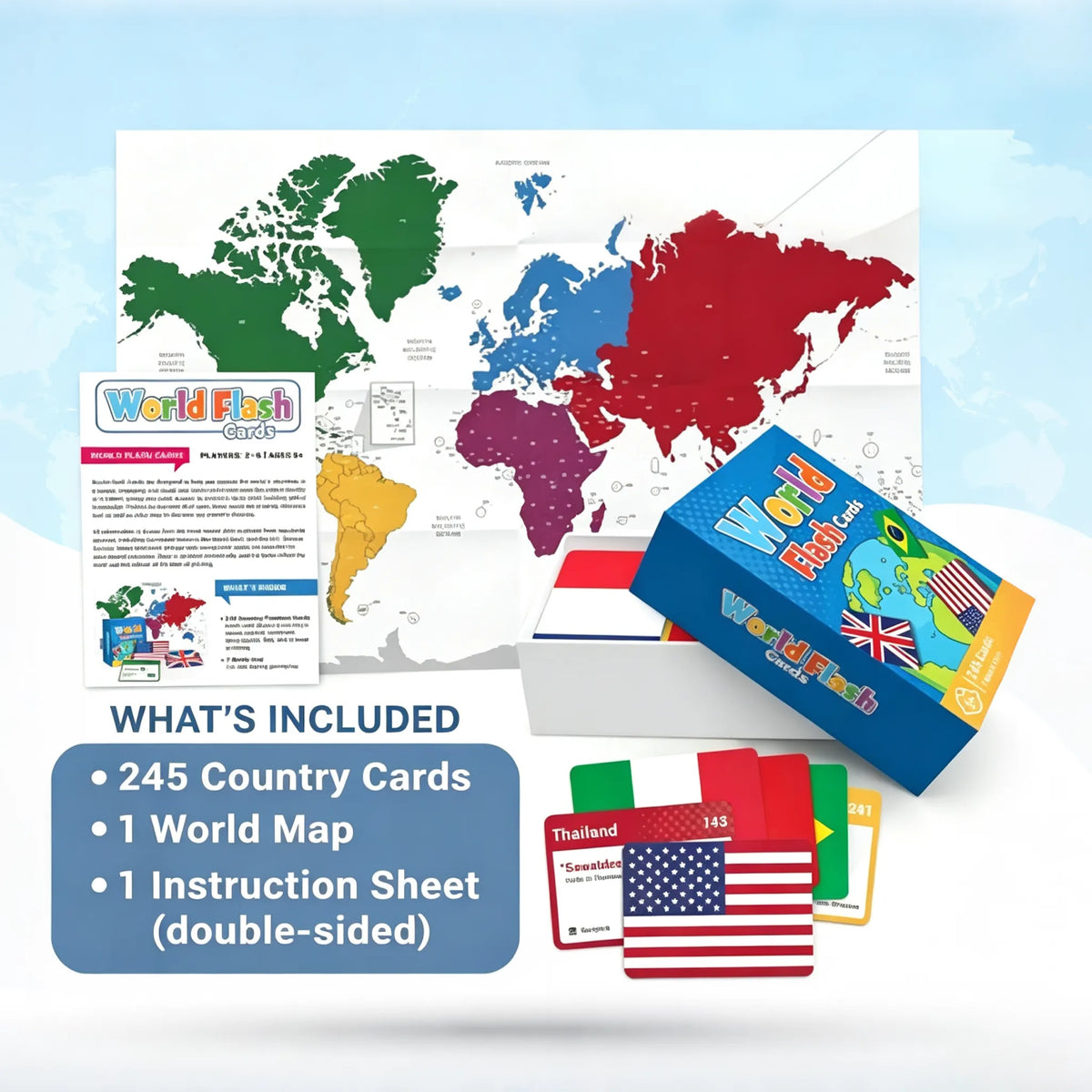 🌍 245-Piece World Flags Flashcard Set with Map – Fun Geography Game for All Ages 📚