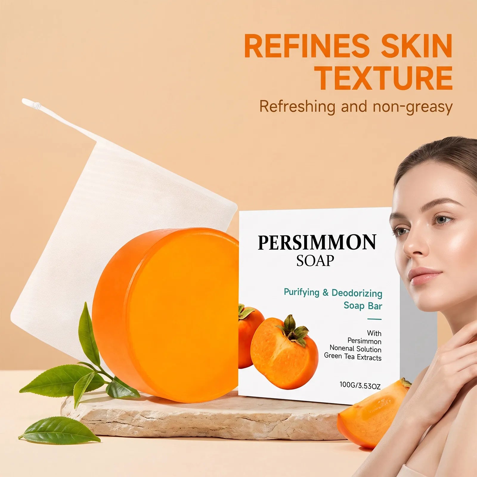 🍊Persimmon Cleansing Soap✨Gentle Foaming Moisturizing Bar For Daily Body Skin Refreshing Odor Care