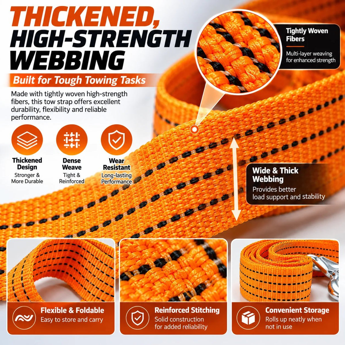🚗 Heavy-Duty Vehicle Tow Strap – Strong Rope with Metal Hooks