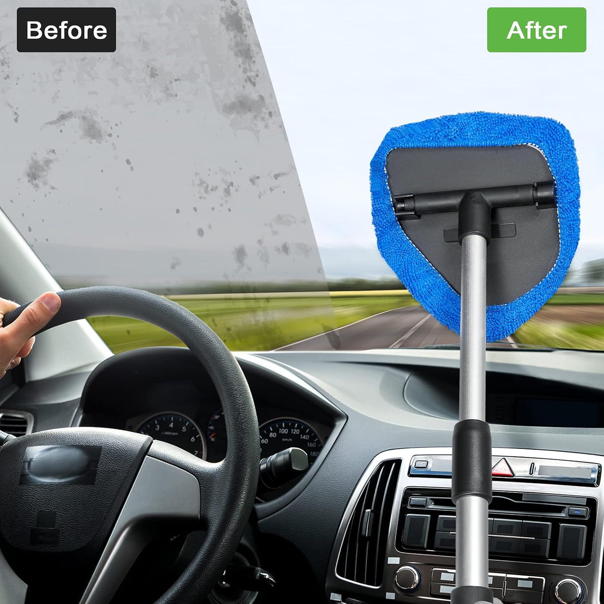180° Swivel Windshield Cleaner 🚘 – Long-Reach Kit with 6 Pads, Brush & Spray Bottle