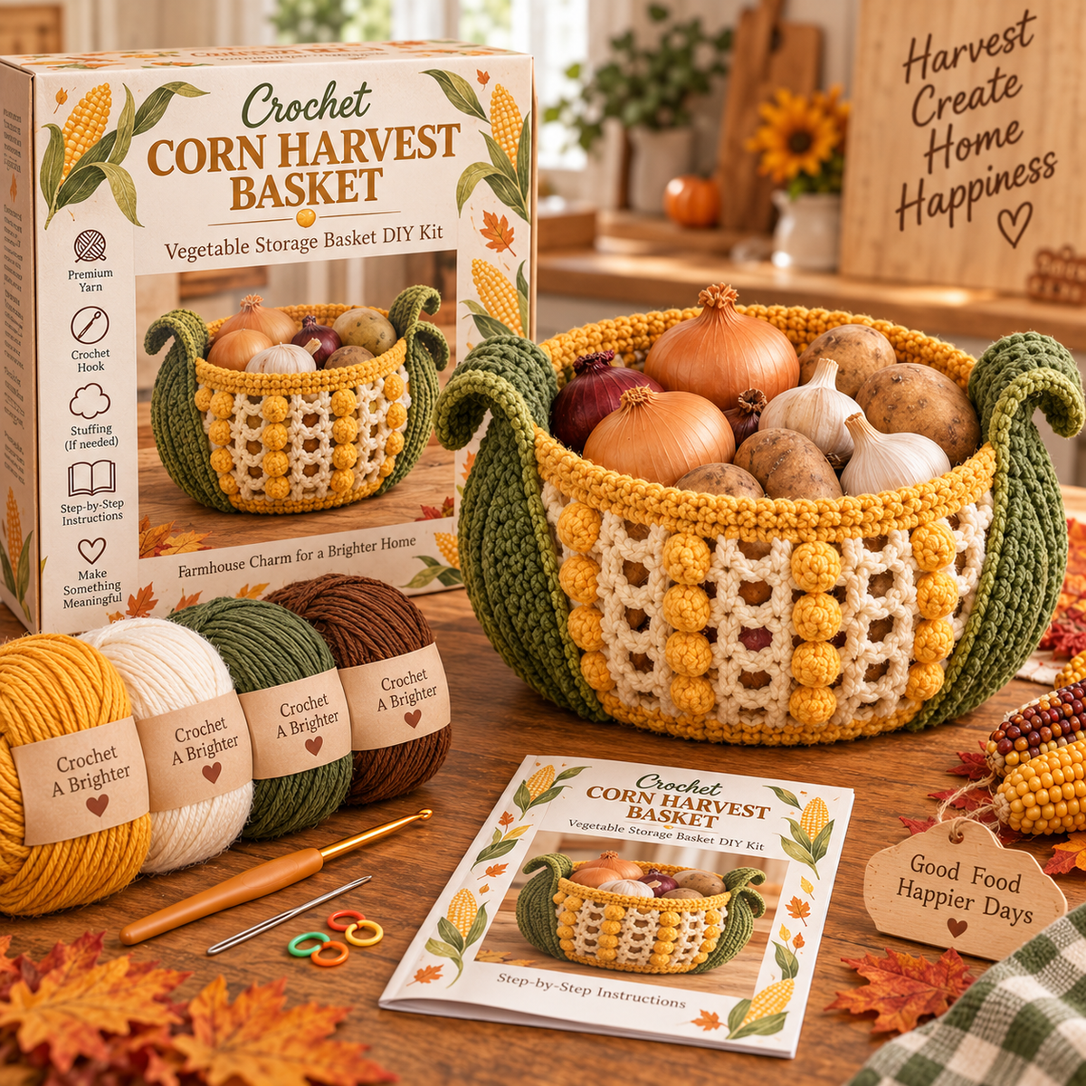 Golden Harvest corn crochet DIY basket kit