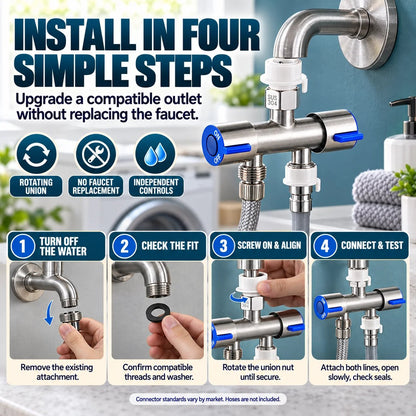 SUS 304 Dual-Control Faucet Diverter 🚿 – 2-Way Hose & Washer Connection