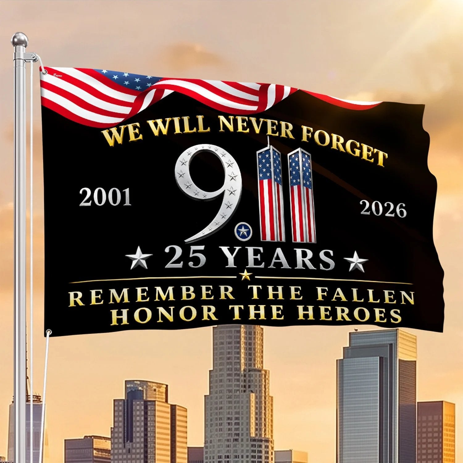 25th anniversary September 11 memorial flag with 2001 and 2026 dates