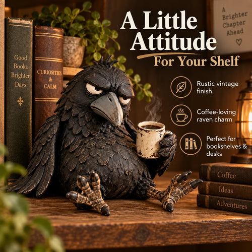 🔥Rustic Vintage Raven Figurine with Coffee Mug – Grumpy Crow Farmhouse Tabletop Decor