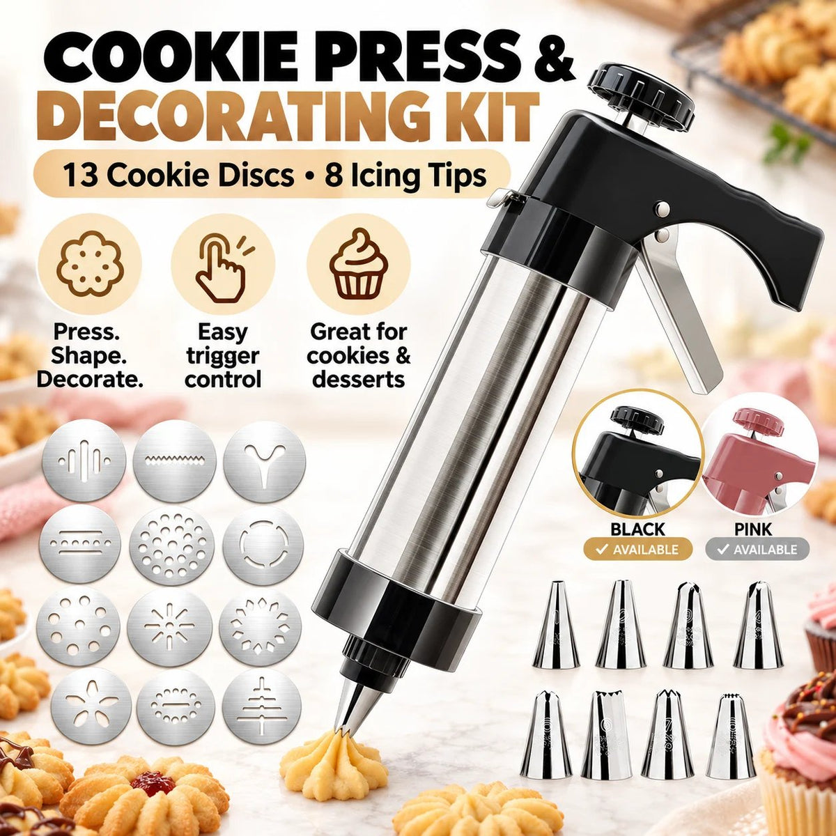 🍪 Stainless Steel Cookie Press – 13 Discs & 8 Decorating Tips