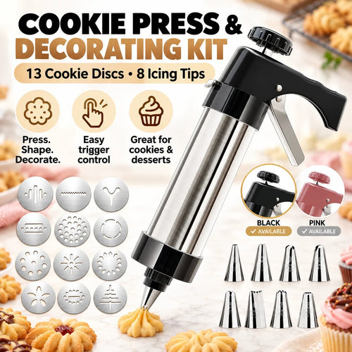 🍪 Stainless Steel Cookie Press – 13 Discs & 8 Decorating Tips