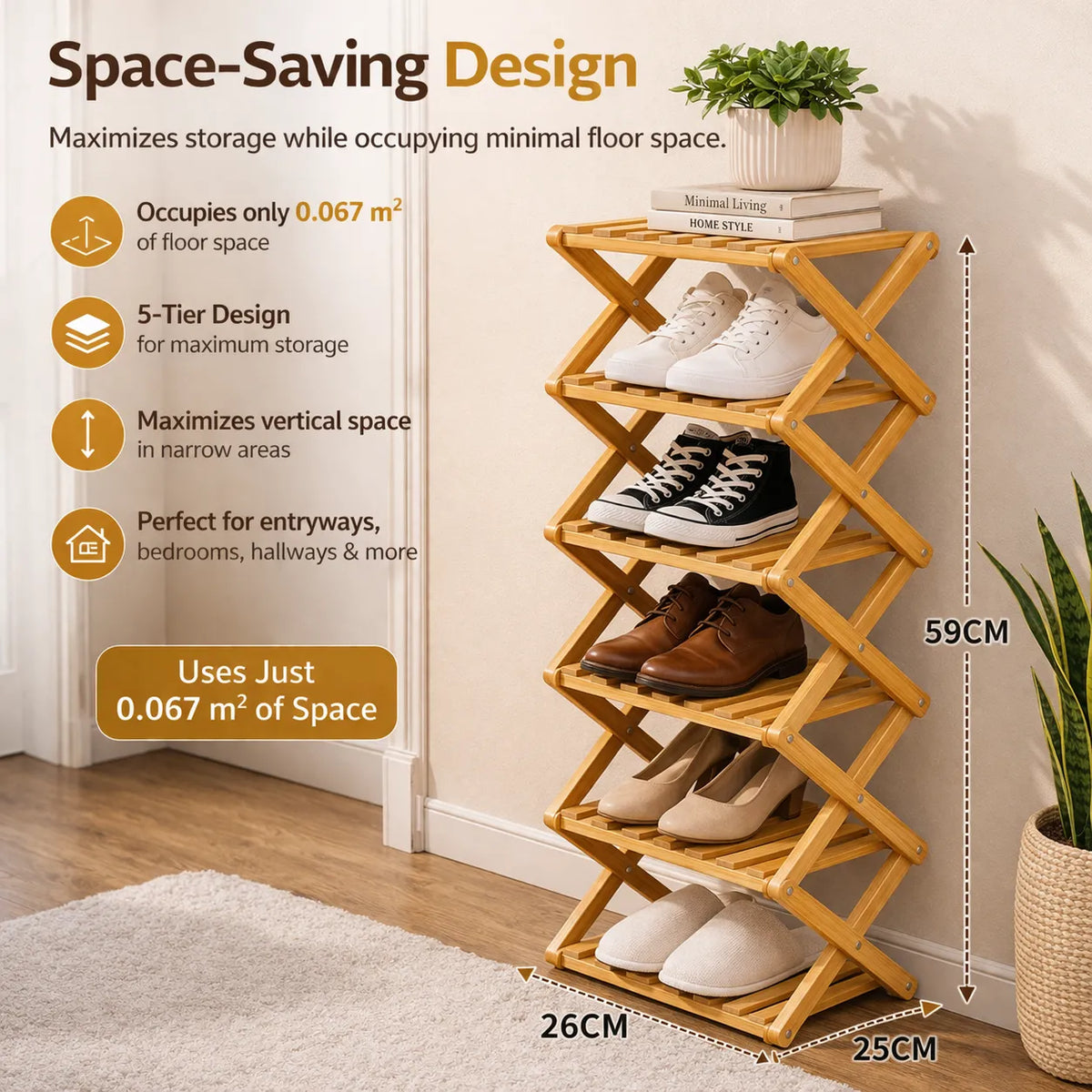 🌿 3-Tier Folding Bamboo Shoe Organizer in Natural Wood | Ready to Use, No Assembly Needed