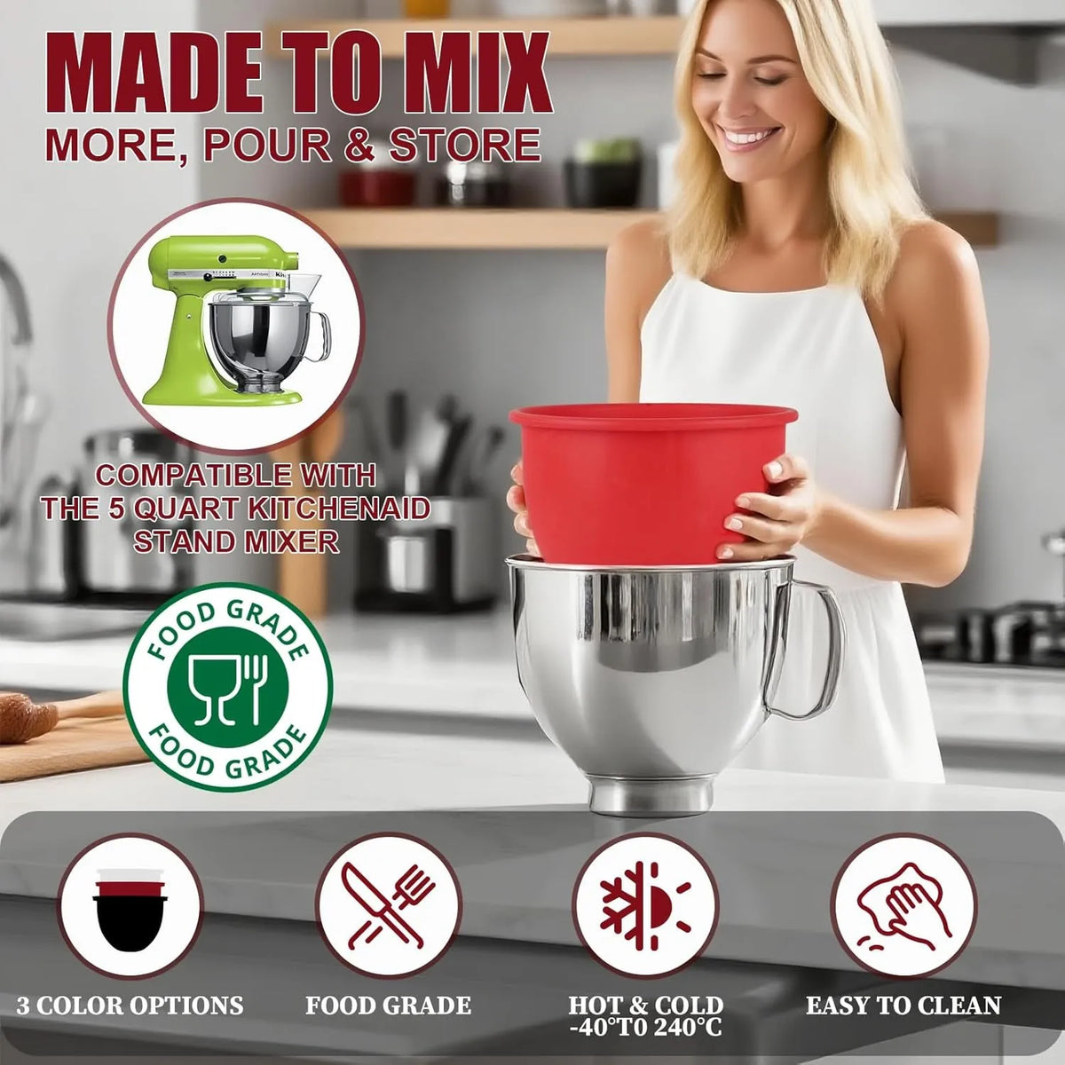 🥣 Food-Grade Silicone Mixer Bowl Liner – Reusable Kitchen Accessory in Red