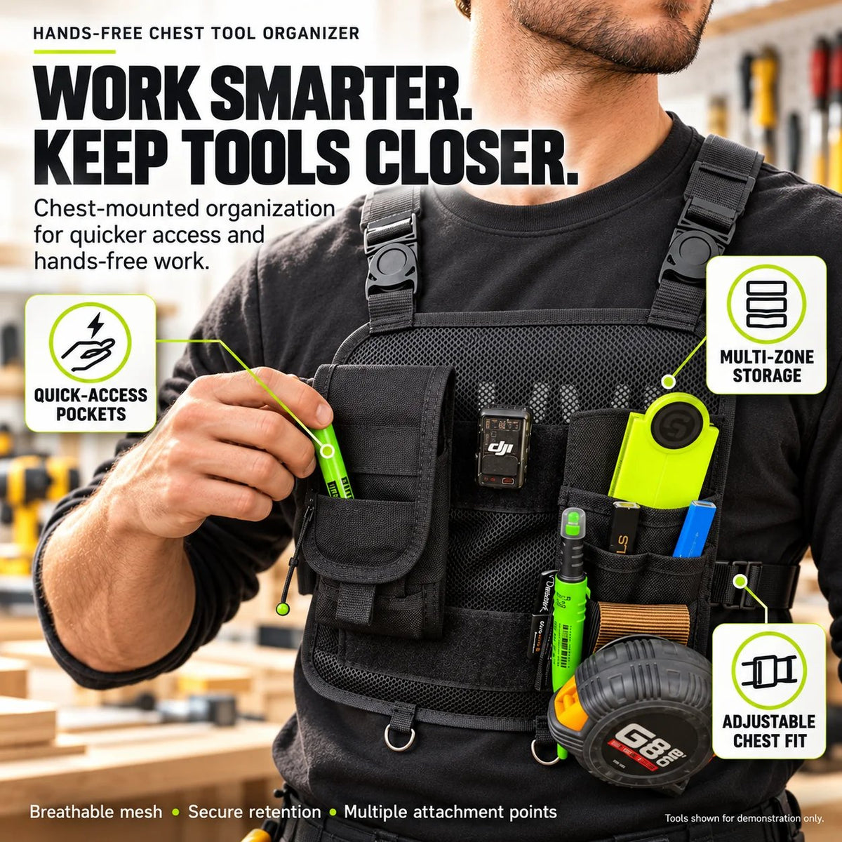 🛠️ Hands-Free Multi-Pocket Chest Tool Organizer – Keep Every Essential Within Reach