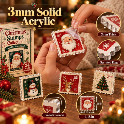 Christmas Stamps Advent Calendar 24‑Piece Mini Acrylic Ornament Set, Nostalgic Postal Art Countdown for Xmas Home Decor & Holiday Gift‑Giving