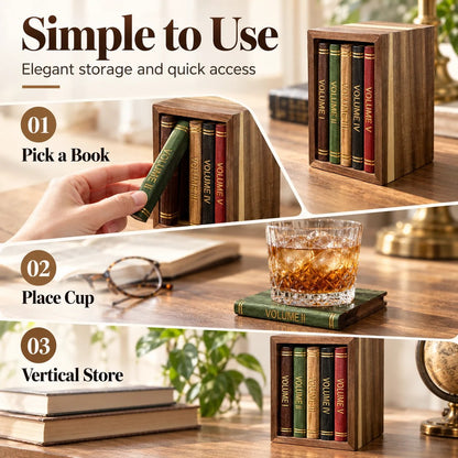 📚 Vintage Book-Style Coaster Set – Includes Upright Storage Holder