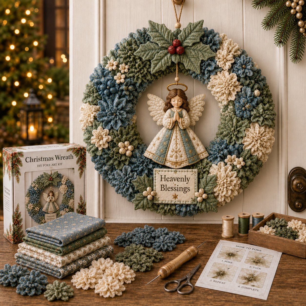 Angel fabric poke wreath kit materials, poke tool and finished wreath