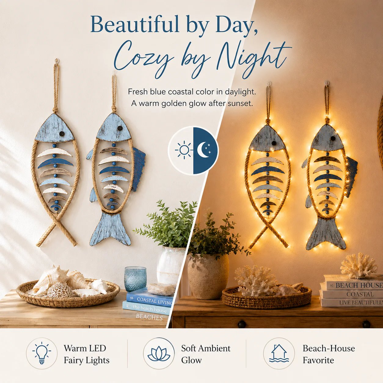 🐟✨ Lighted Coastal Rope Fish Wall Hanging