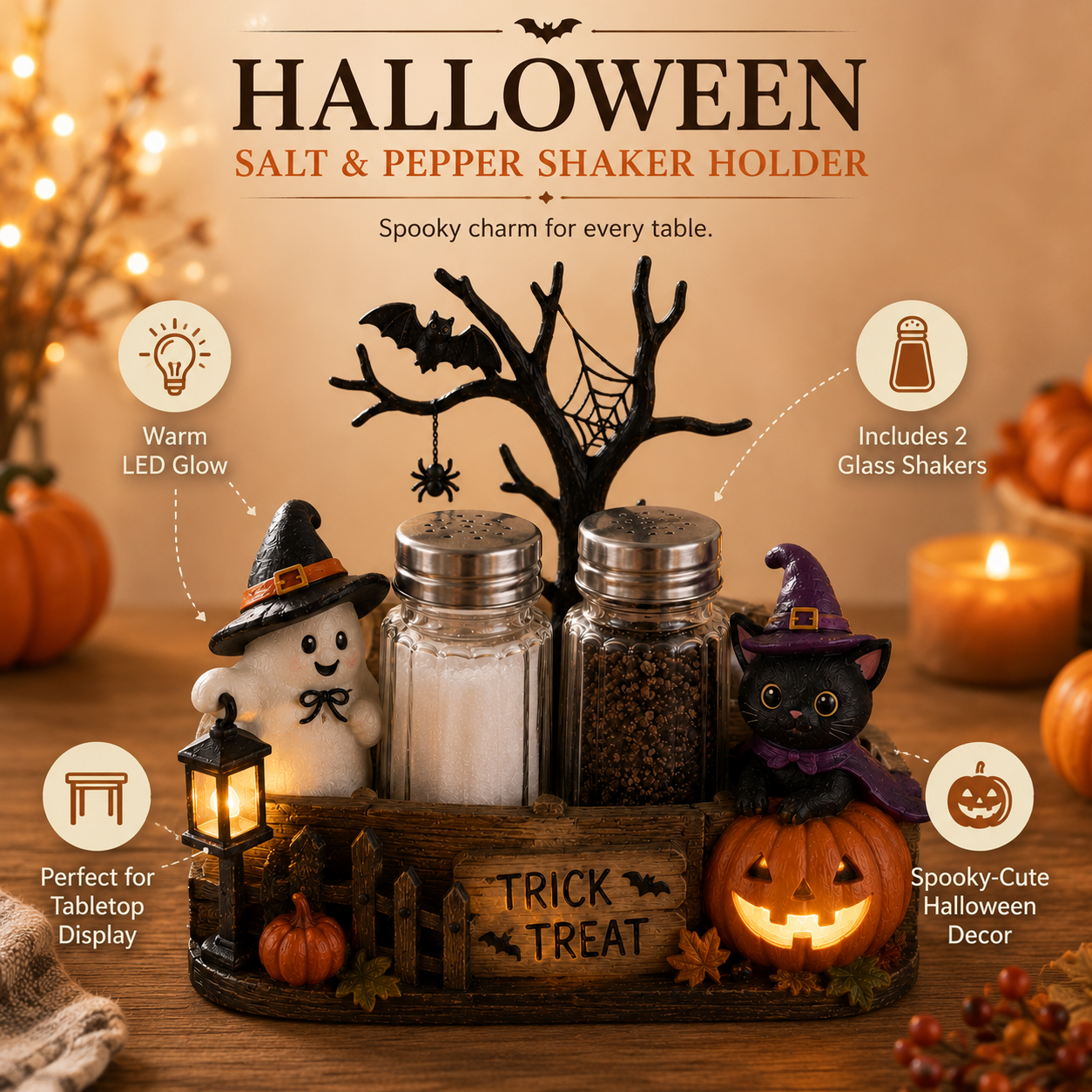 Lighted Halloween Salt & Pepper Shaker Holder Set