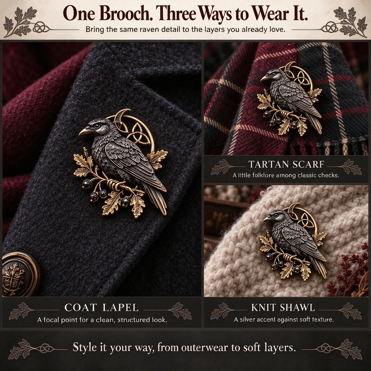 🐦‍⬛ Gothic Celtic Raven Brooch – Dark Academia Statement Pin