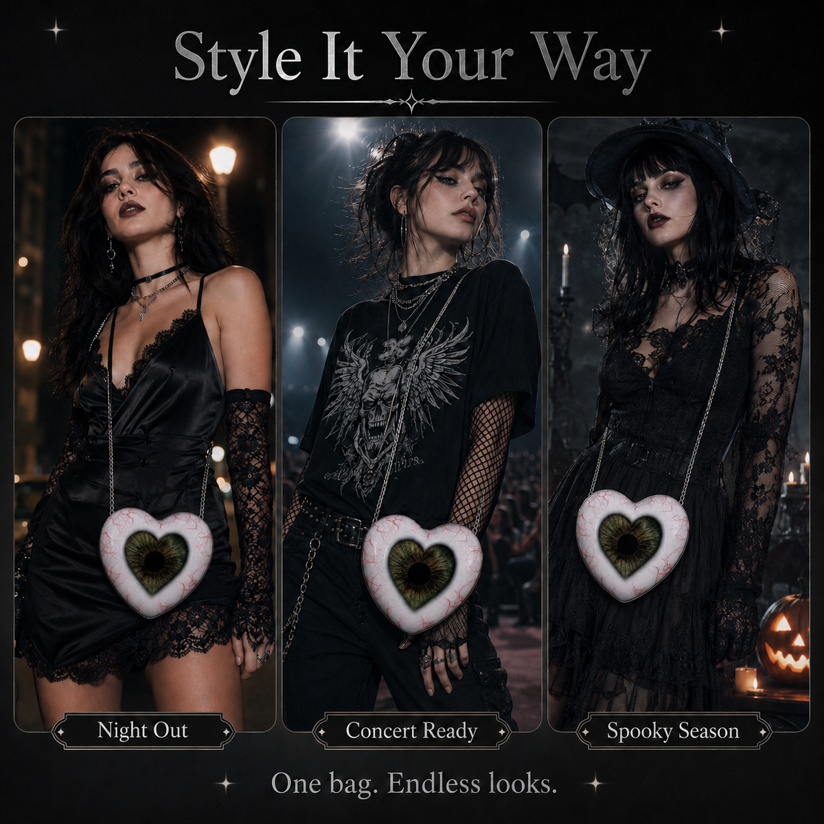 Different gothic outfits styled with heart eye crossbody bag