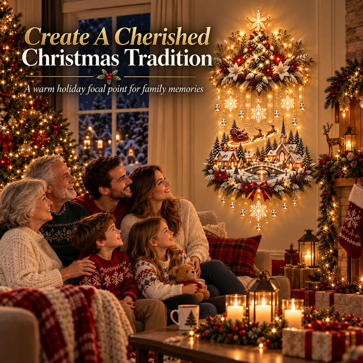 🎄 Enchanted Christmas Village Wall Decor with Cascading Warm Lights ✨ Cozy Holiday Tree Display for Living Rooms, Entryways & Staircases