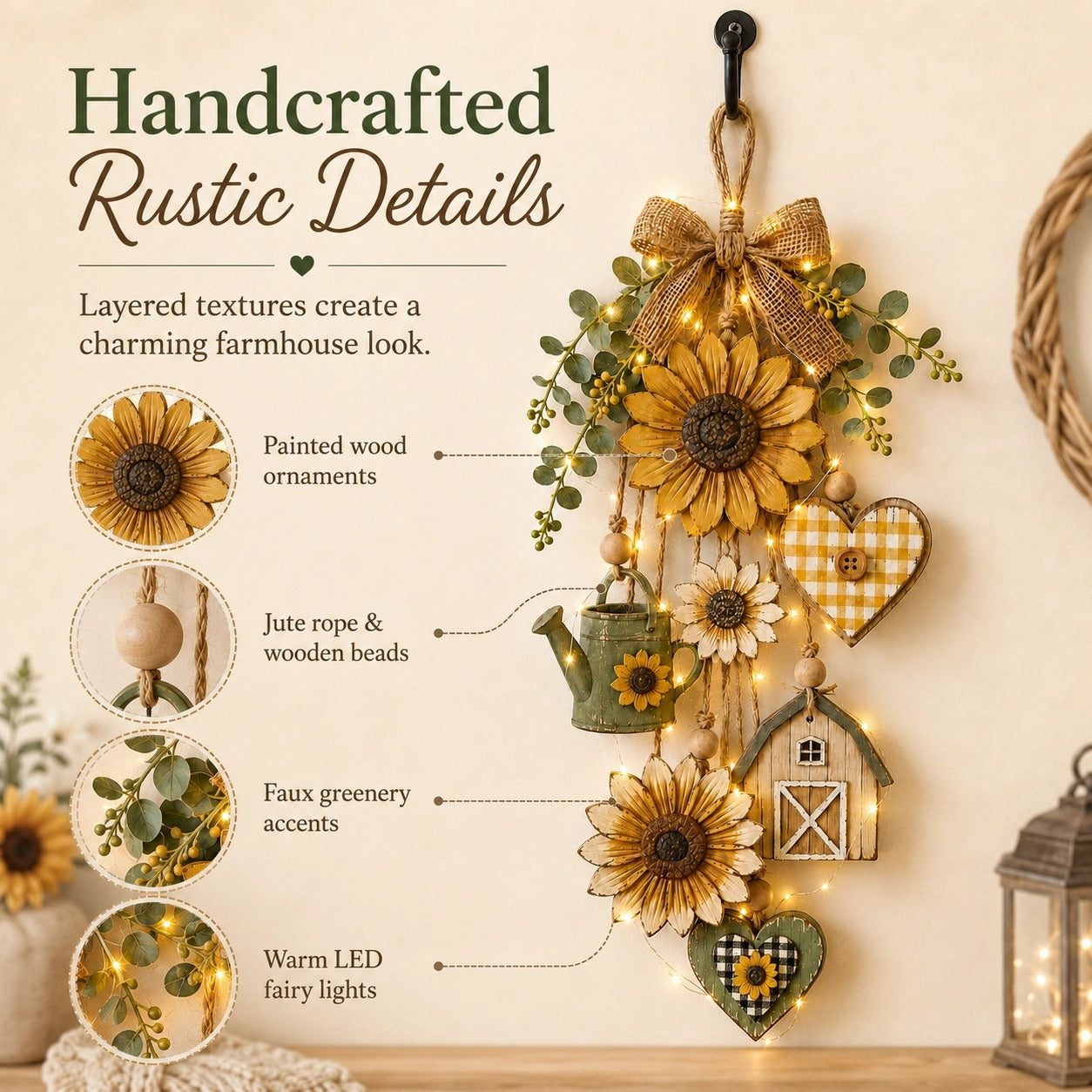 🌻Rustic Wooden Garden-Themed Hanging Ornament with Remote Control Fairy Lights