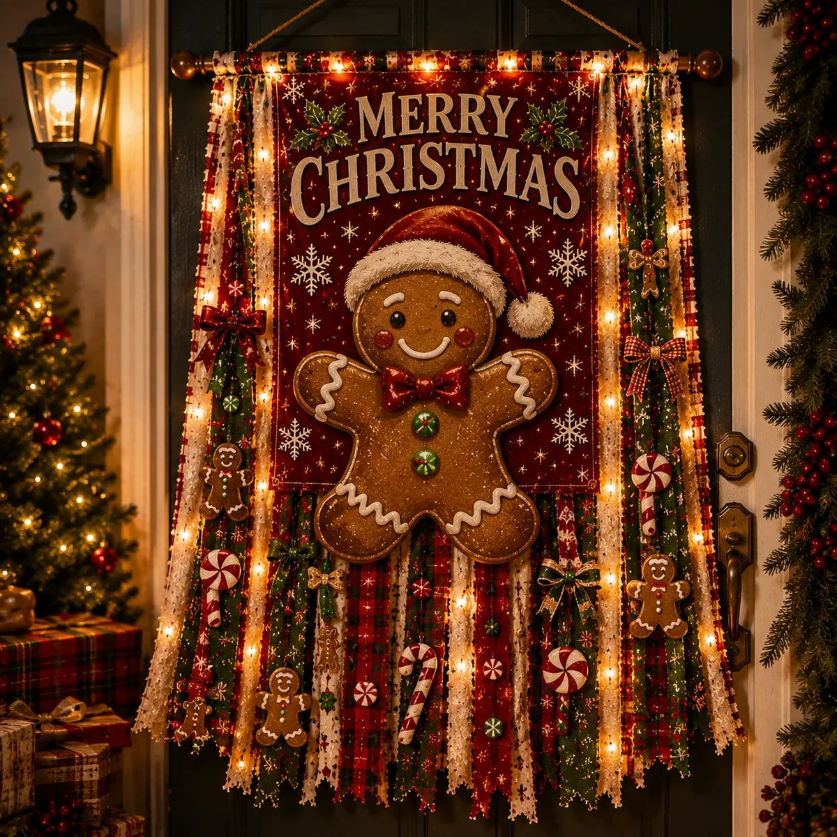 ⏳ Last Day 49% OFF – 🎄Oversized Lighted Christmas Door Hanging Decor Collection | 27 × 50 in Layered Fabric Design with Warm Lights & 5 Festive Character Styles ✨