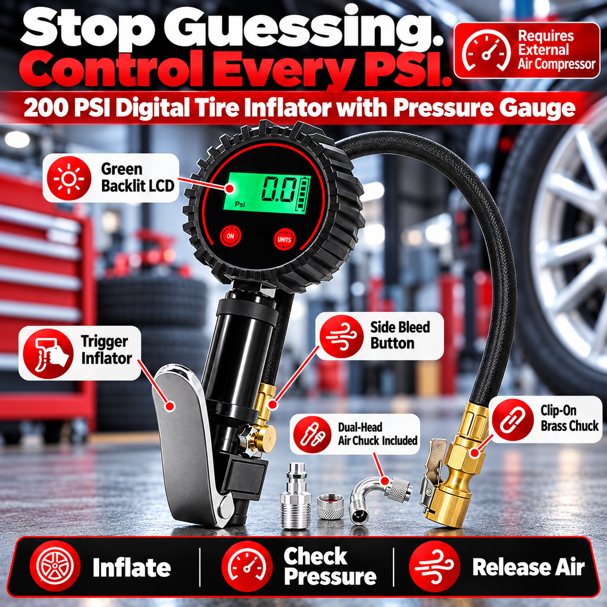 3-in-1 Digital Tire Pressure Gauge 🚗 – 200 PSI Inflator Chuck & Air Bleeder