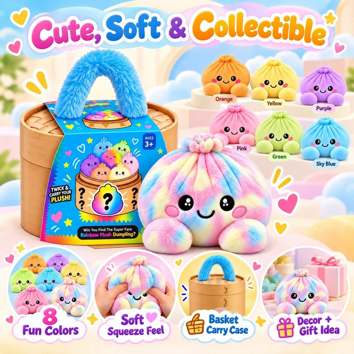 🌈🥟 Rainbow Dumpling Plush Set – 8 Colorful Squishies in a Cute Steamer Basket