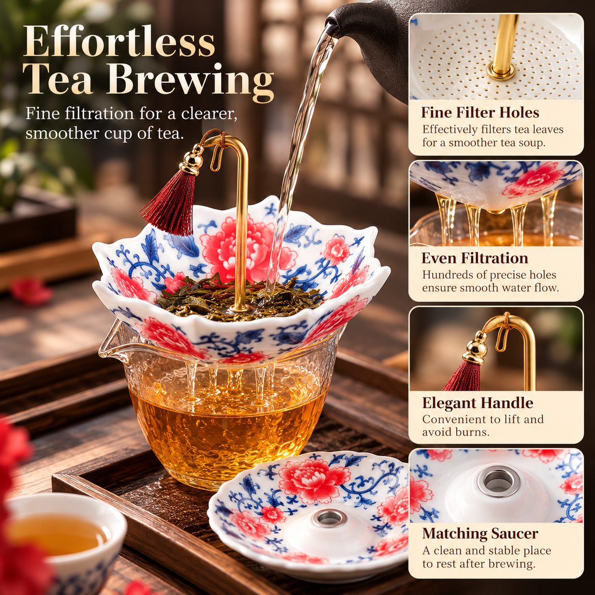 Umbrella-Shaped Porcelain Tea Infuser – Elegant Ceramic Tea Strainer with Decorative Saucer