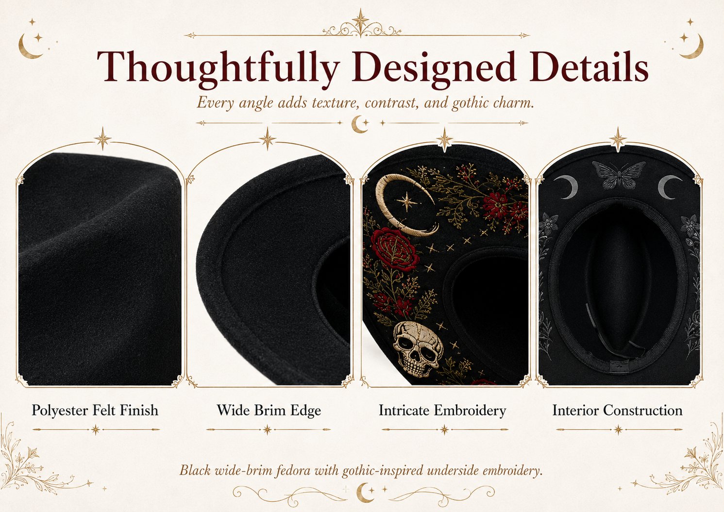🖤 Gothic Embroidered Wide Brim Fedora Hat | Black Felt Design with Detailed Underside Embroidery in 7 Witchy, Celestial & Halloween Styles 🌙