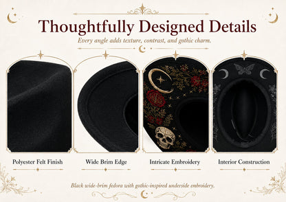 🖤 Gothic Embroidered Wide Brim Fedora Hat | Black Felt Design with Detailed Underside Embroidery in 7 Witchy, Celestial & Halloween Styles 🌙