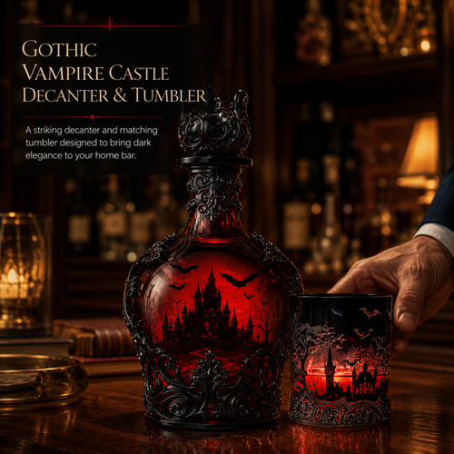 🦇 Gothic Vampire Castle Whiskey Decanter and Tumbler Set, Dark Barware Gift for Horror Lovers 🍷