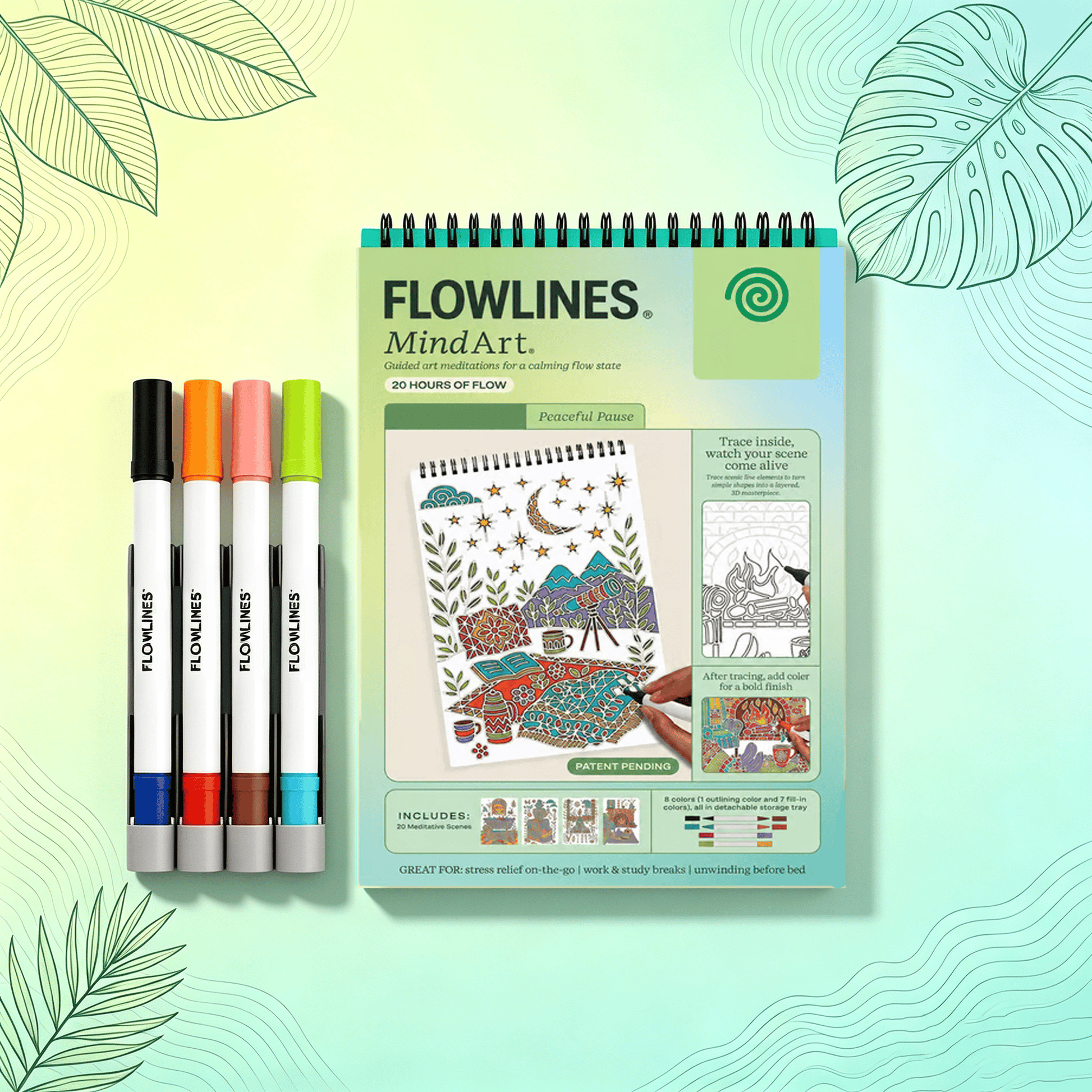 🌿  Guided Flow Art Coloring Pad with Double-Sided Markers 🎨