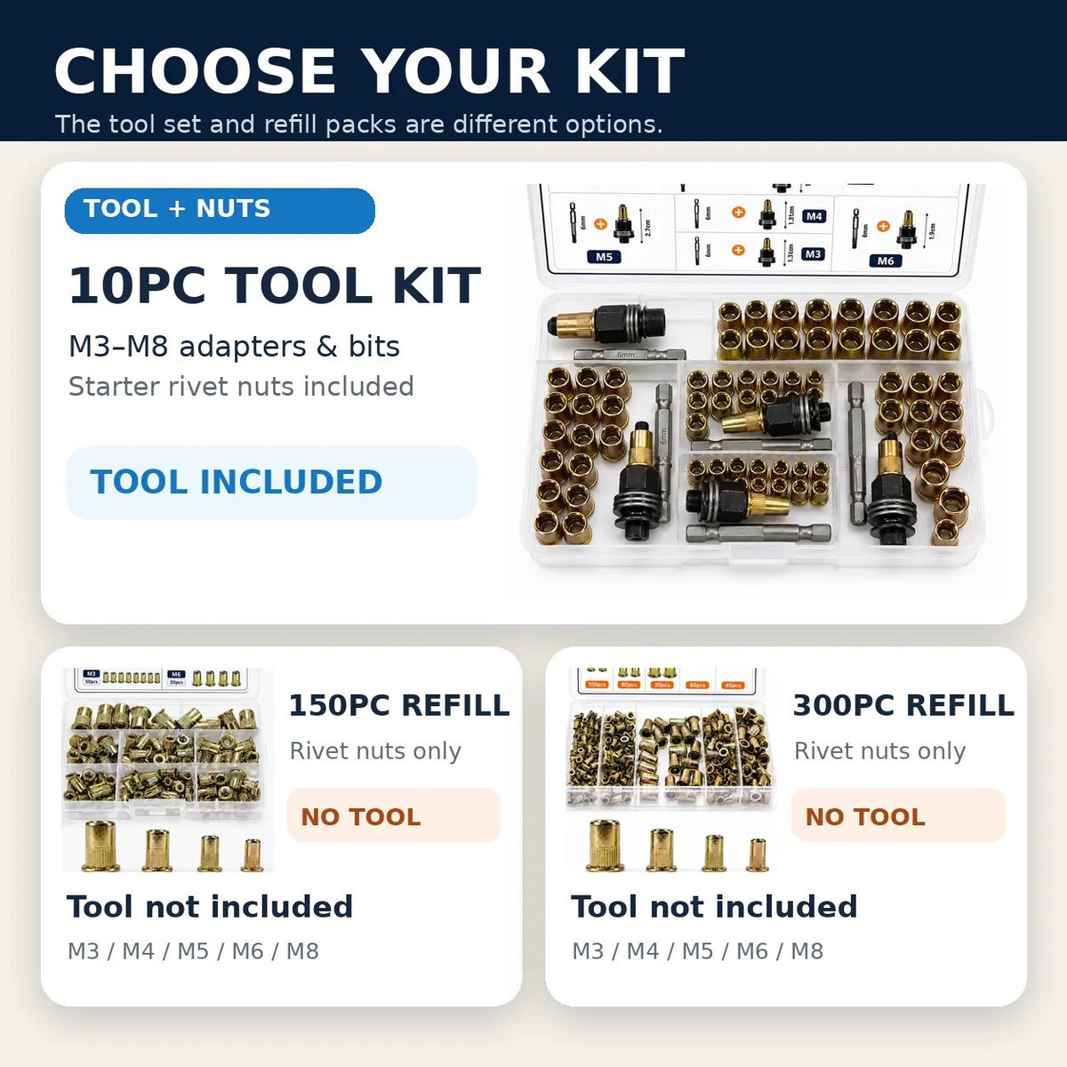 M3–M8 Rivet Nut Installation Kit 🔩 – Threaded Insert Tools & Refills