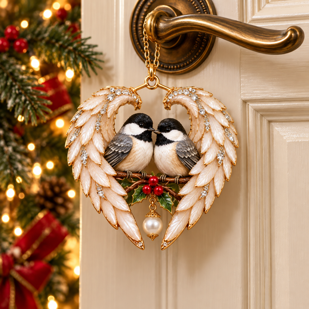 Chickadee Pair and Pearl ornament displayed on an interior door handle