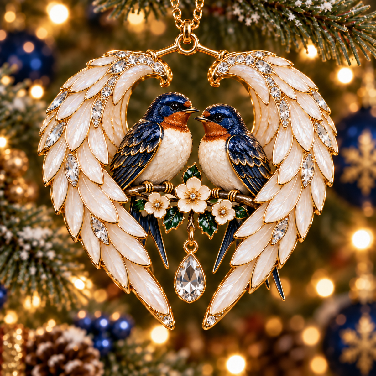 Swallow Pair and Holly angel wing heart Christmas ornament