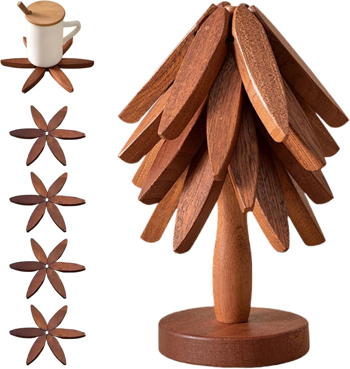 Christmas Tree Trivet Set 🎄 4 Natural Walnut Wood Heat Mats with Festive Display Stand 🎁 50% Off Early Holiday Deal