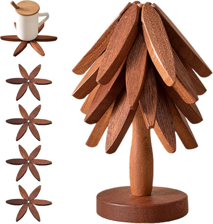 Christmas Tree Trivet Set 🎄 4 Natural Walnut Wood Heat Mats with Festive Display Stand 🎁 50% Off Early Holiday Deal