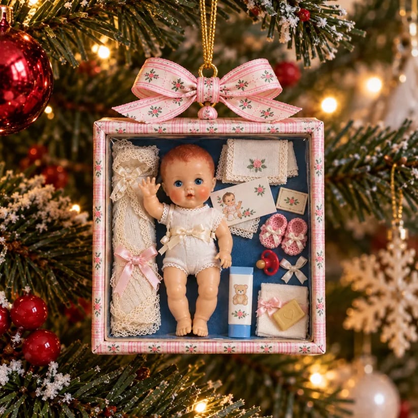 🎄🎁Vintage Baby Doll Gift Box Christmas Ornament – Nostalgic Keepsake | A Heartwarming Christmas Gift for Doll Lovers, Moms & Grandmas.