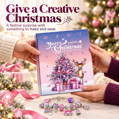 🎄 Christmas Advent Calendar 24 Days DIY Charm Bracelet & Necklace Making Kit, Purple Pink Crystal Beads Jewelry Set, Christmas Gift for Girls