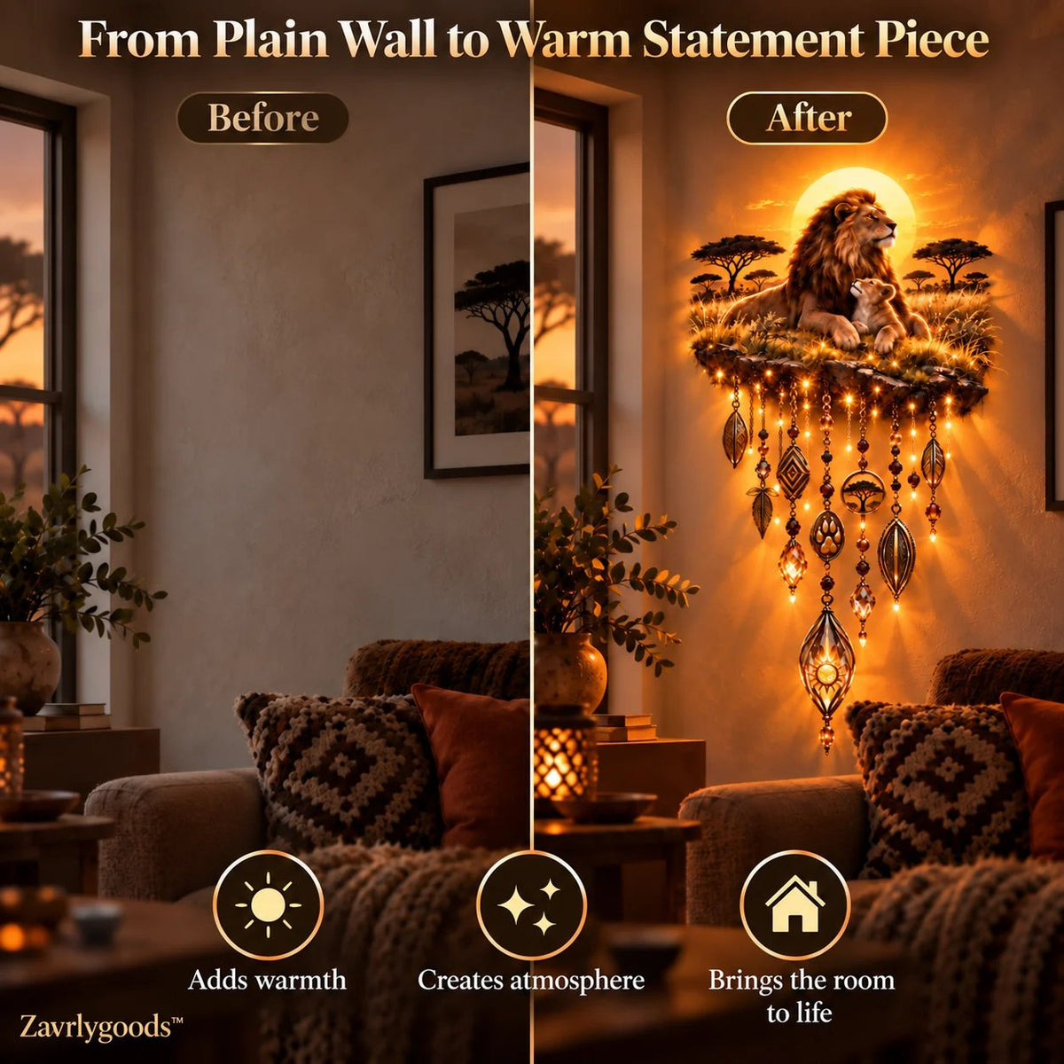 Majestic Savannah Family Glow™ – Beleuchtete Wanddekoration „Löwe & Junges“