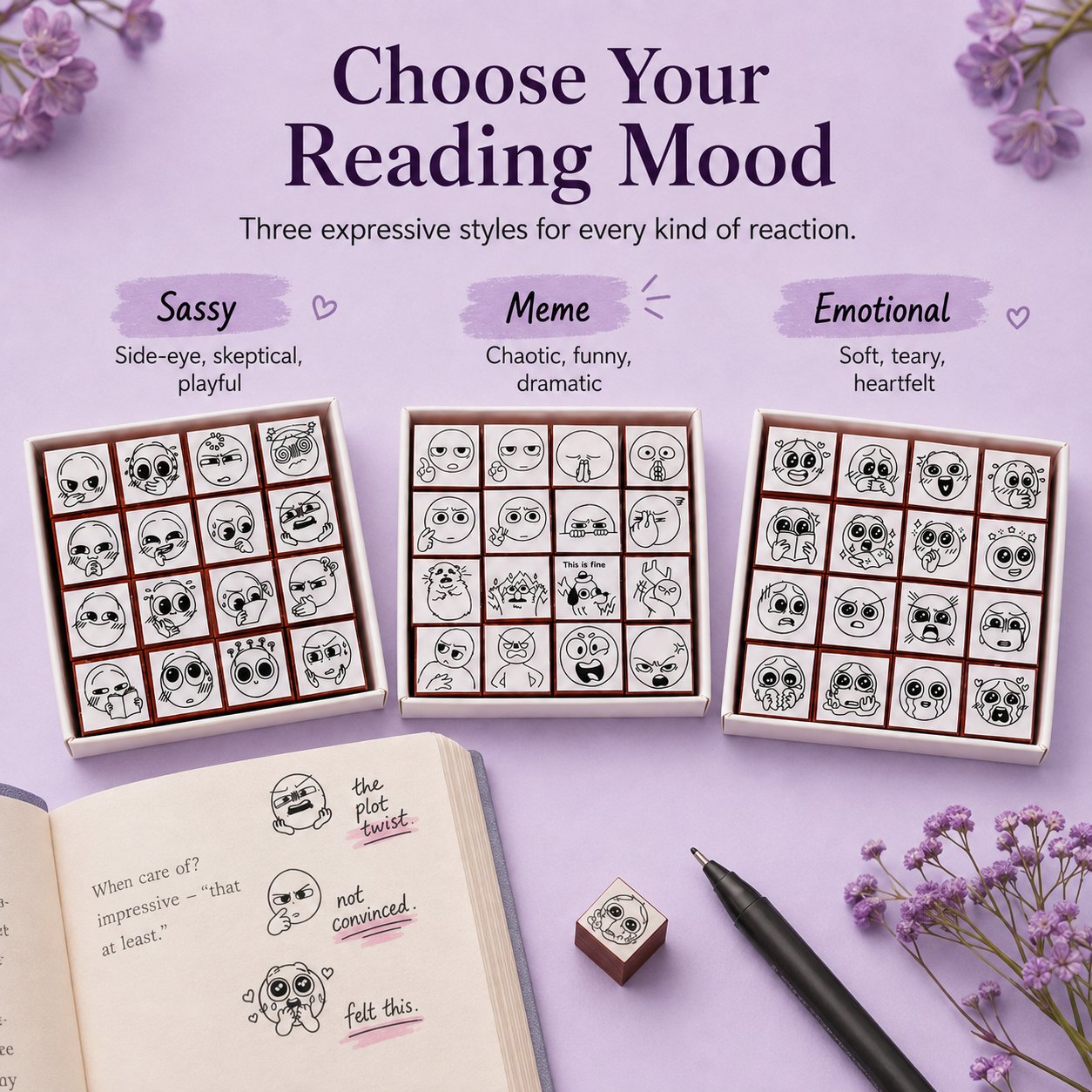 📚 Expression Reaction Stamp Set – Cute Book Annotation Stamps for Readers & Journaling