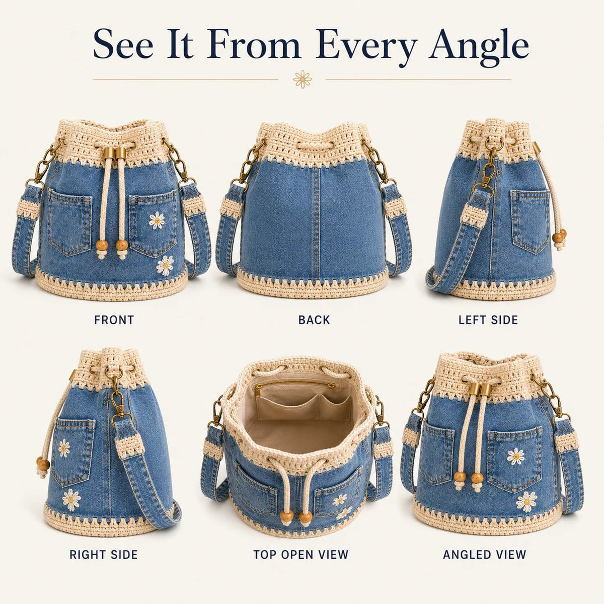 💥SAVE 33%👖 Denim Crochet Drawstring Bucket Bag, Vintage Daisy Crossbody Shoulder Bag For Women